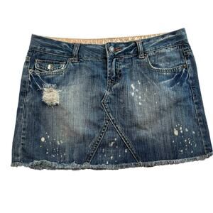 Vtg Y2K Jr 3 / 4 Low Rise Mini Skirt Denim Distressed Grunge Skater Punk Boho